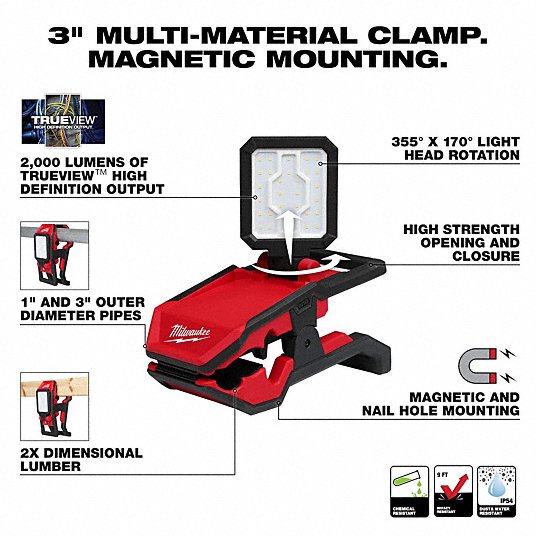 magnetic milwaukee flashlight Milwaukee M18 18-Volt 2000 Lumens Lithium-Ion Cordless Rover LED Clamping Flood Light w/ 4000 Lumens Flood Light