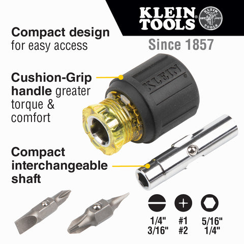 Klein Multi-Bit Screwdriver/Nut Driver, 6-in-1, Stubby, Ph, Sl Bits