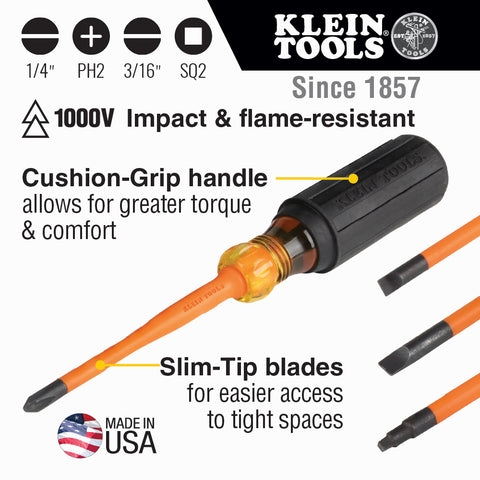 Slim-Tip Insulated Screwdriver Set, Phillips, Cabinet, Square, 4-Piece - (94-33734INS)