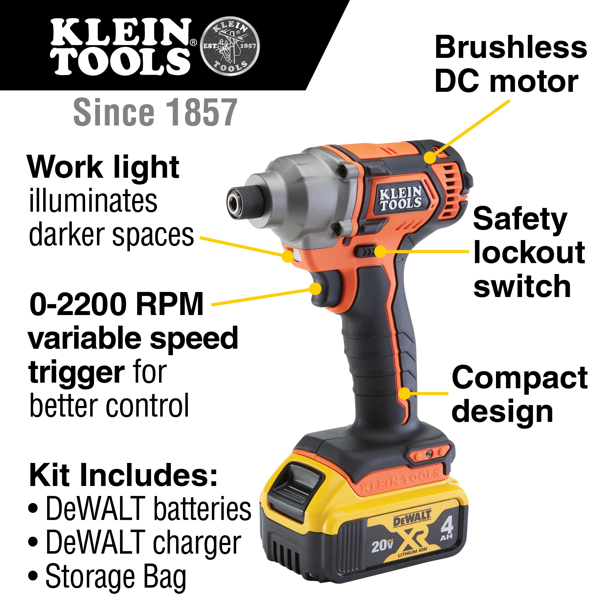 Klein Tools BAT20CD Battery-Operated Compact Impact Driver, 1/4 in. Hex Drive, Tool Only